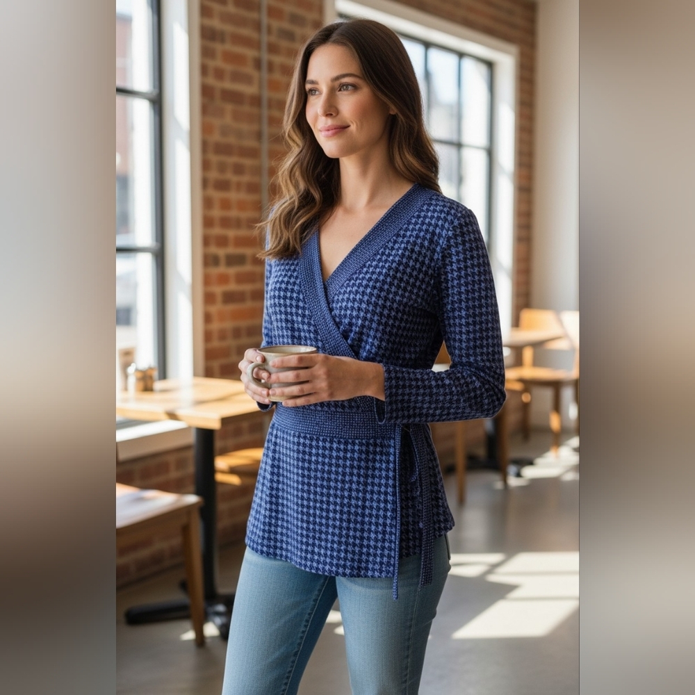 Michael Michael Kors Dark Azurite Top Wrap Blouse Houndstooth Azure Blue Black